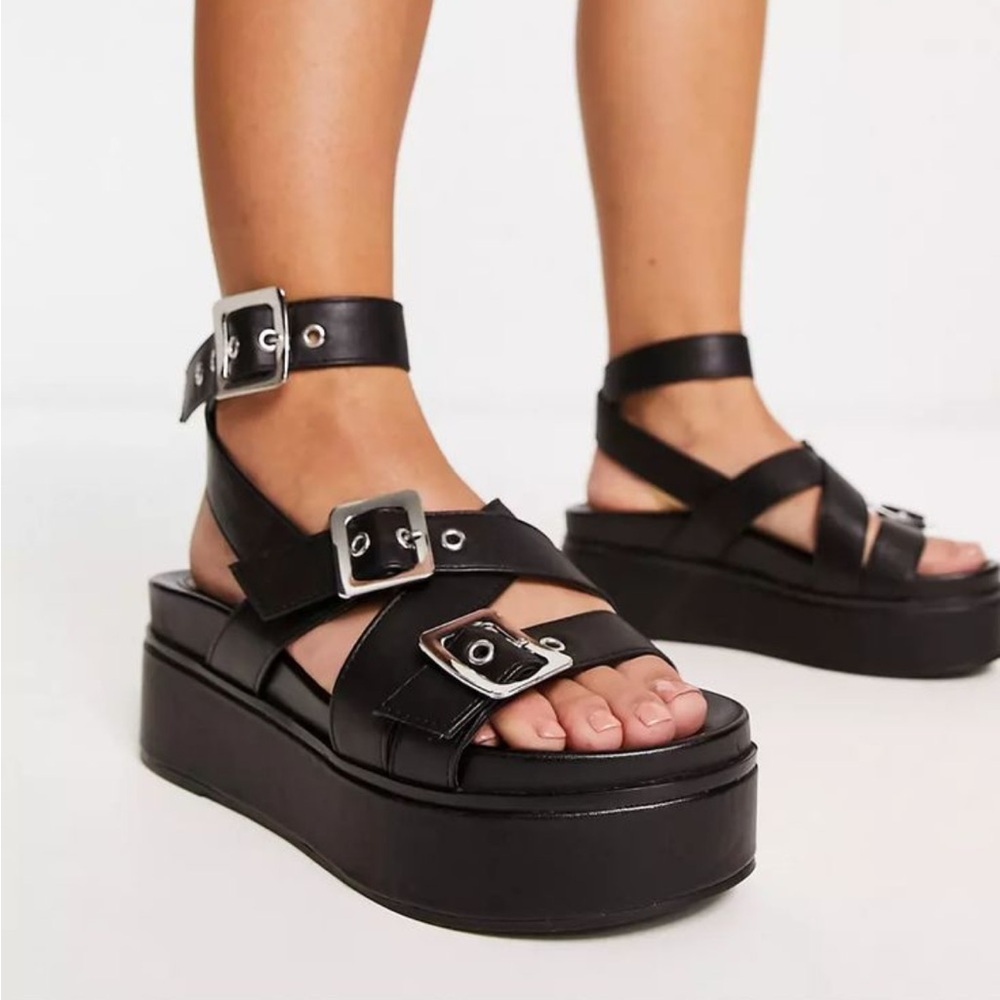 ASOS black flatform platform chunky ankle strap sandals with silver hardware